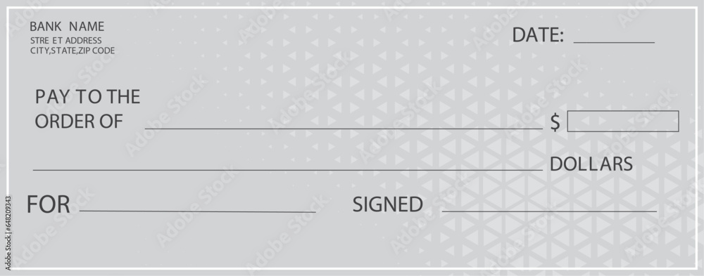 Blank bank cheque. Personal desk check template Blank bank cheque. Personal desk check template