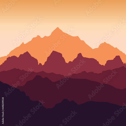 Vector landscape with silhouettes of mountains at sunset