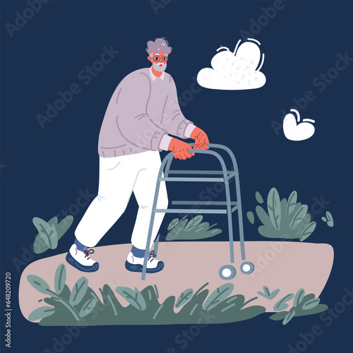 Cartoon vector illustration of Disabled casual mature man using walking frame or Zimmer over dark background