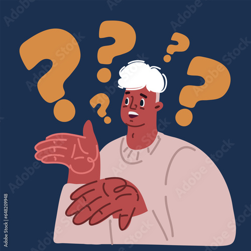 Cartoon vector illustration of I don't know. Young man sows loss, showing helpless gesture with arm and hands, mouth curved as if he does not know what to do. Question mark
