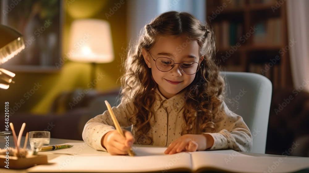 Smiling child school girl doing homework while sitting at desk at home. Smiling child school girl doing homework while sitting at desk at home.