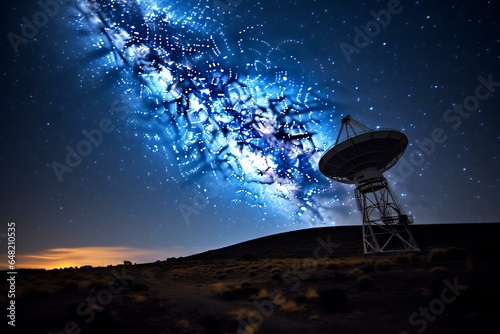 Starry night with milky way, nebulae, and radio telescope. Generative AI