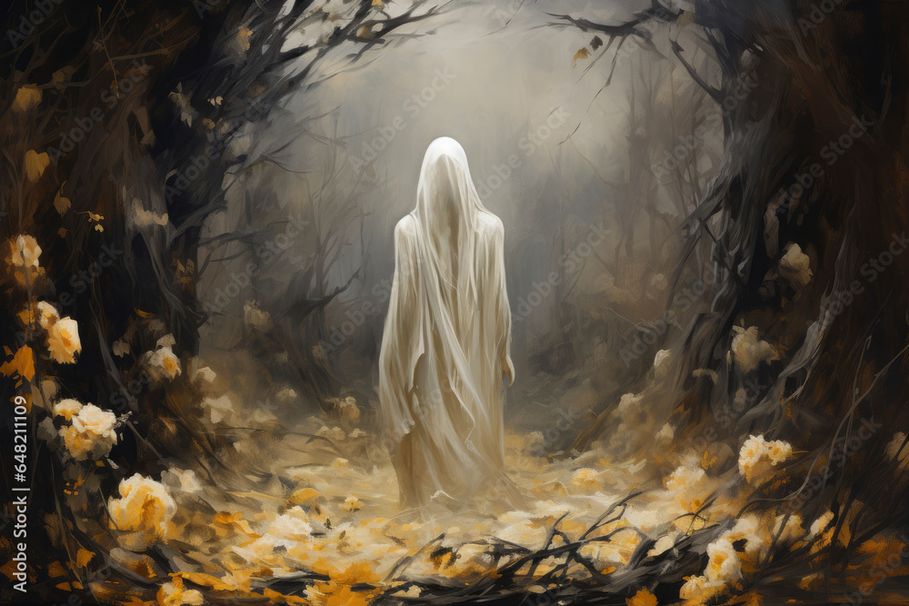 A painting with a ghost among light-colored roses. A painting with a ghost among light-colored roses.