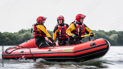 side view of two fireman on a small inflatable rescue boat. © JKLoma