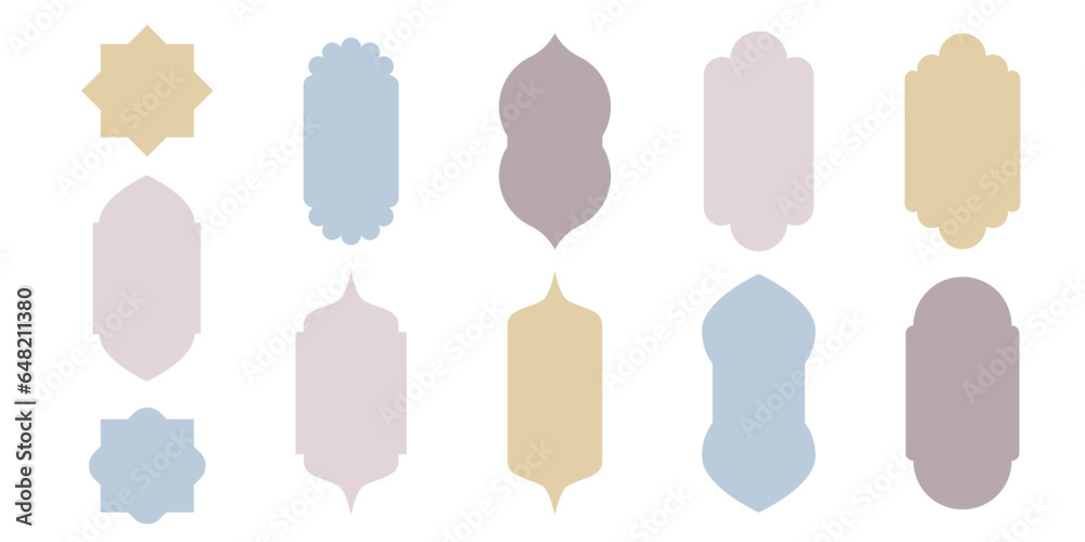 Islamic colored frame shapes of window arches. Collection of Arabic style frames. Set of oriental style windows. Arabian arch. Design element for islamic design, banner. Ramadan kareem. Vector Islamic colored frame shapes of window arches. Collection of Arabic style frames. Set of oriental style windows. Arabian arch. Design element for islamic design, banner. Ramadan kareem. Vector