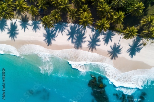 Aerial view of a tropical beach with palm trees, clear blue water, and white sand.