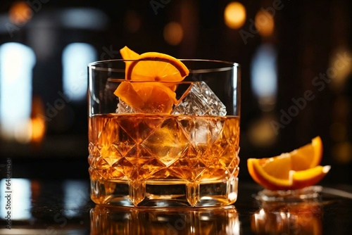 An Old Fashioned cocktail on a tray
