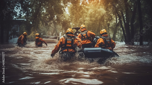 A group of firefighters using boats and other equipment to rescue people stranded in a water-related emergency, such as a flood or a capsized boat.