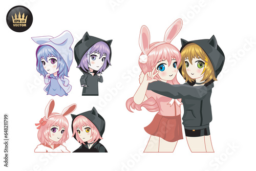 illustration cartoon cute girl friendship rabbit and cat