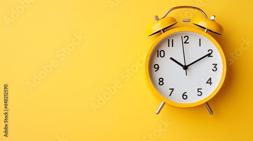 Empty yellow paper background with alarm clock decoration. suitable for a banner background with the concept of being chased by a deadline, time is precious photo