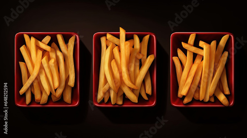 Set of french fries, with ketchup isolated on black background, top view. Generative AI.