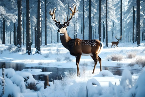  3d rending Noble deer male in winter snow forest. Artistic winter christmas landscape