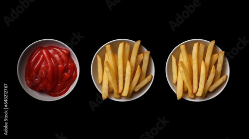 Set of french fries, with ketchup isolated on black background, top view. Generative AI.