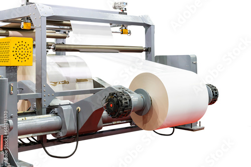 close up electric motor and paper roll sheet system for converting or feed paper of high speed automatic roll slitting and rewinder machine in industrial isolated on white with clipping path photo