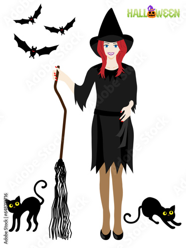 ハロウィンで魔女に仮装した女性と2匹の猫