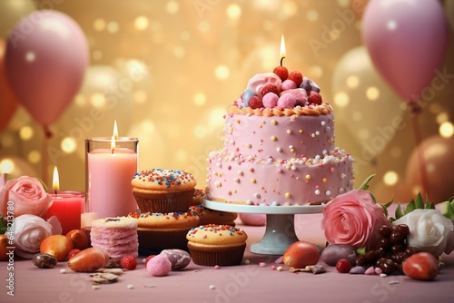 A festive scene with sweet treats and gifts arranged on a soft colored background. Generative AI