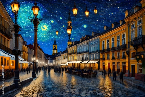a night landscape of old Lviv with lanterns and light sources - AI Generative