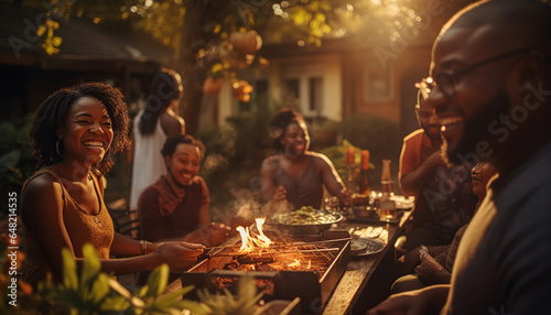Grupo de amigos y amigas disfrutando de una comida de barbacoa en el jardín. Imágen idilica
 con luz dramatica de puesta de sol y vegetacion. Ia generado.
