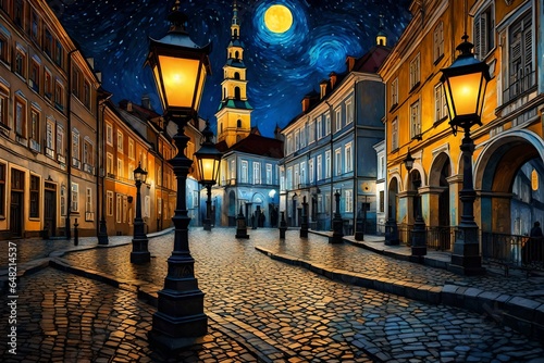 a night landscape of old Lviv with lanterns and light sources - AI Generative photo