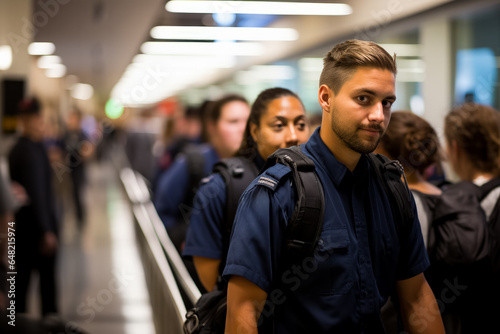 Airport security personnel efficiently managed the long lines during peak travel hours 