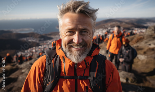 A portrait of a bearded man with a backpack, part of a hiking group, gazing into the camera amidst the picturesque mountainous terrain during an outdoor adventure.