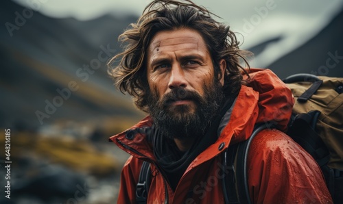 A close-up portrait of a middle-aged man in a jacket with backpack hiking in the Scandinavian mountains during an overcast autumn day.