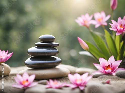 Stack of black zen stones and pink flowers on the sand.