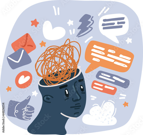 Vector illustration of human head with tangled line inside, like brain. Concept of chaotic thought process, confusion, personality disorder and depression.