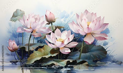Drawn beautiful lotus water lilies in a pond.