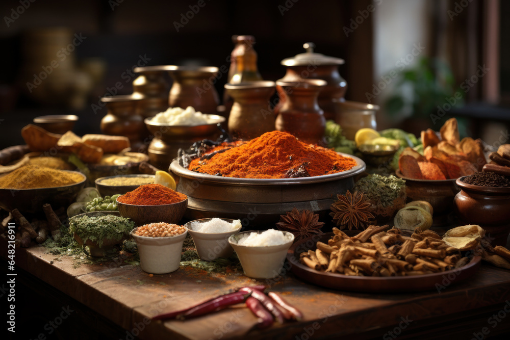 A traditional Indian kitchen with an array of spices and utensils, showcasing the complexity of Indian cuisine. Generative Ai.