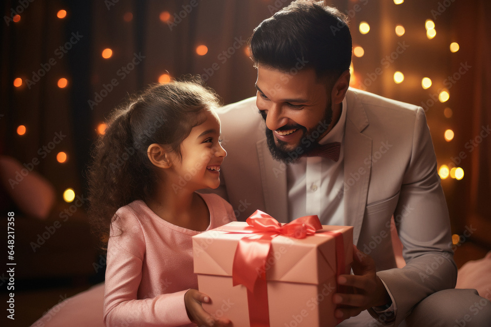 Indian man giving gift to his little daughter and celebrating diwali festival. Indian man giving gift to his little daughter and celebrating diwali festival.