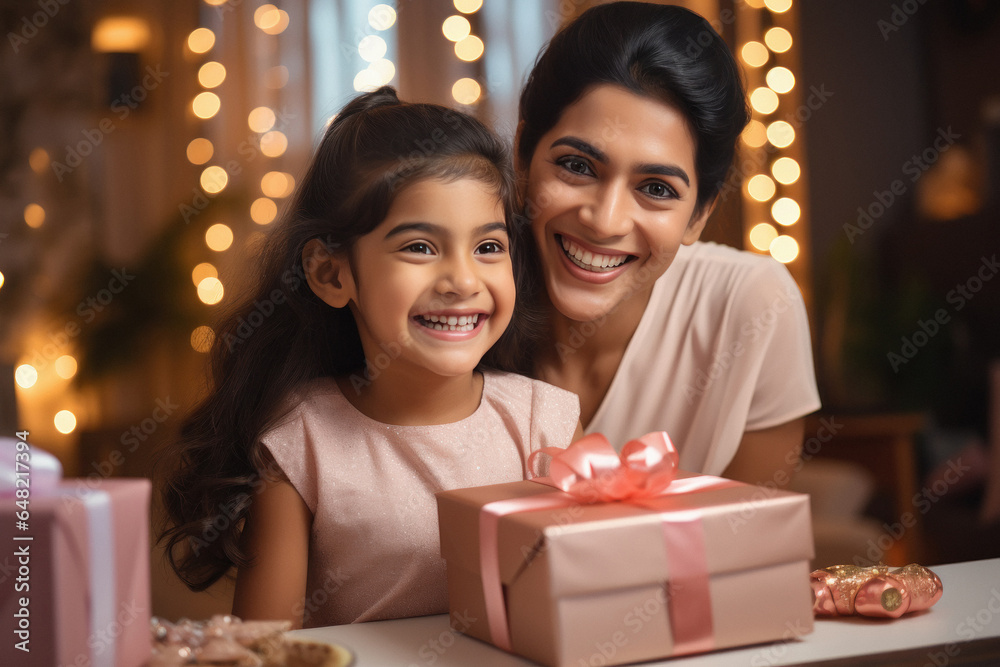 Indian woman giving gift to her little daughter and celebrating diwali festival. Indian woman giving gift to her little daughter and celebrating diwali festival.