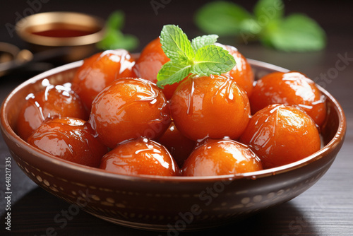 indian sweet food gulab jamun in bowl. photo