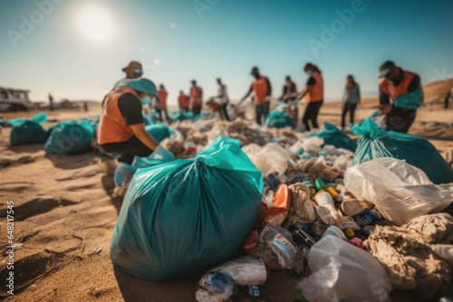 A coastal cleanup team collecting plastic waste from a beach, addressing ocean pollution. Generative Ai.