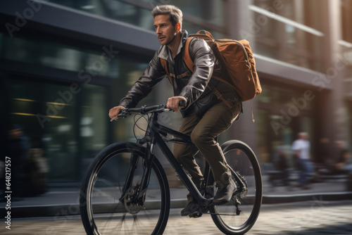 A person riding a bicycle through a city, promoting eco-friendly transportation alternatives. Generative Ai.