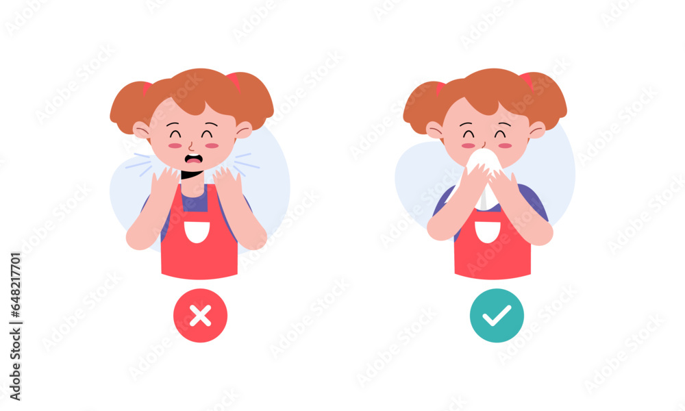 Kids Character Catching Flu. Kids Coughing and Sneezing in Right and Wrong Way Illustration Kids Character Catching Flu. Kids Coughing and Sneezing in Right and Wrong Way Illustration