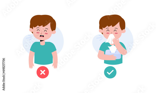 Kids Character Catching Flu. Kids Coughing and Sneezing in Right and Wrong Way Illustration