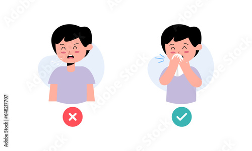 Kids Character Catching Flu. Kids Coughing and Sneezing in Right and Wrong Way Illustration