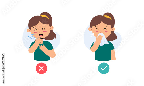 Kids Character Catching Flu. Kids Coughing and Sneezing in Right and Wrong Way Illustration