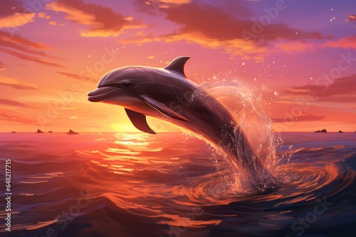dolphin jumping out of the water at sunset. © antusher