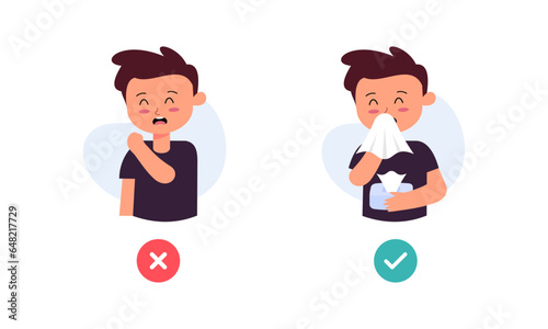 Kids Character Catching Flu. Kids Coughing and Sneezing in Right and Wrong Way Illustration