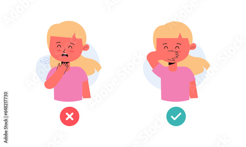 Kids Character Catching Flu. Kids Coughing and Sneezing in Right and Wrong Way Illustration