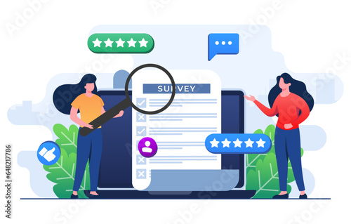 Online survey concept flat illustration vector template, Filling Test in Customer Survey Form, Customer experiences and satisfaction concept for landing page, web banner, mobile app, Web design, ui/ux