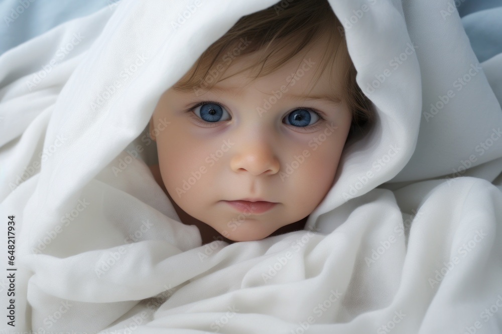 Adorable Caucasian Baby Wrapped in Soft White Blanket Adorable Caucasian Baby Wrapped in Soft White Blanket