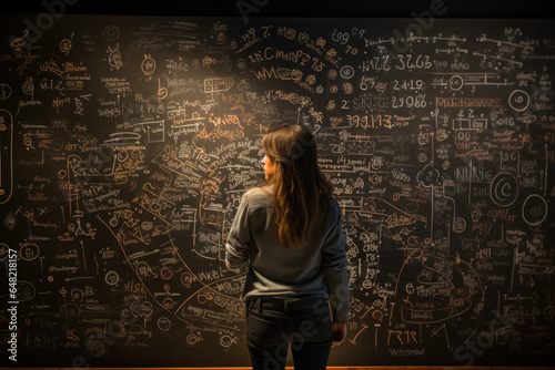 Obraz na płótnie A female mathematician explaining complex equations on a chalkboard, unraveling mathematical mysteries