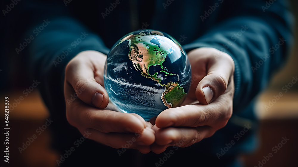 The hands holding the Earth and the icon of reuse reduce recycle and ...