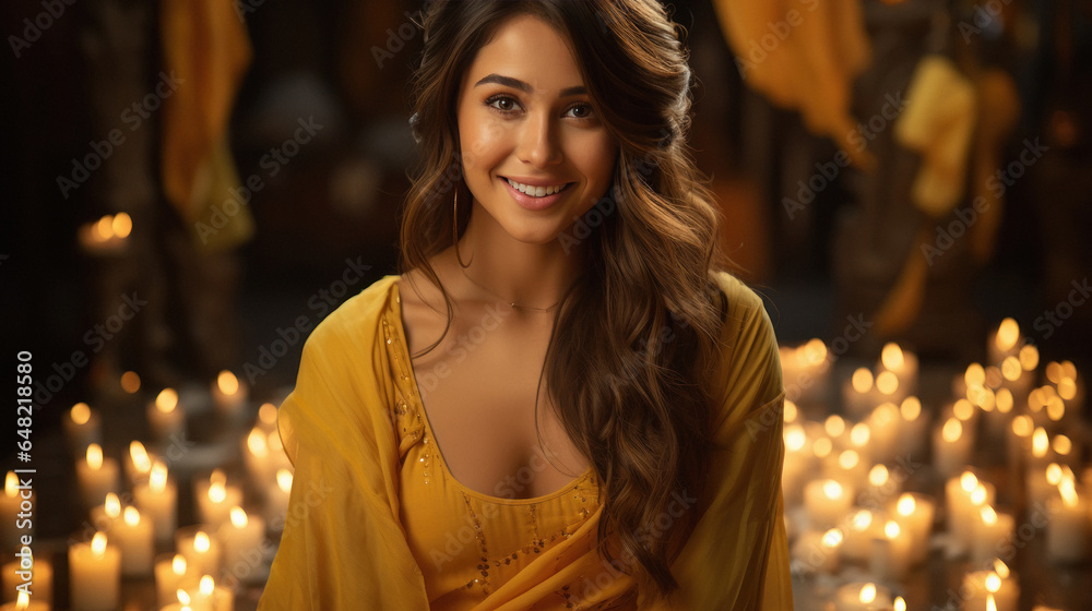 Indian woman giving happy expression and celebrating diwali festival