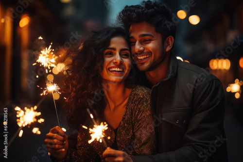 Young indian couple celebrating diwali festival.