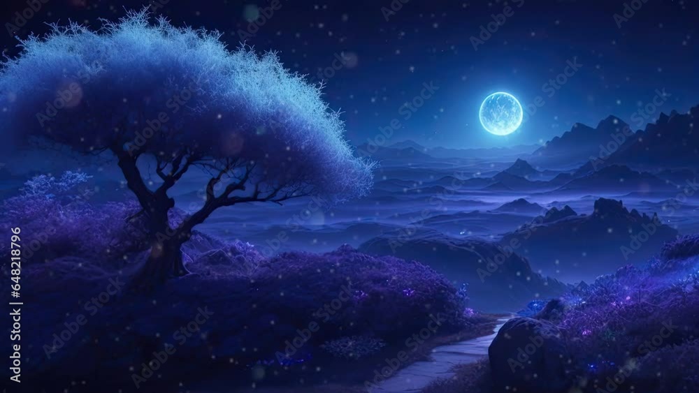 nature landscape in the night in view mountain animated background in Japanese anime watercolor painting illustration style. seamless looping video animated background