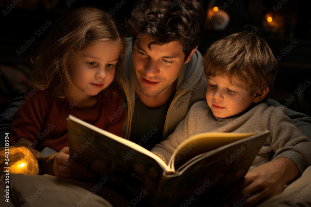An older sibling reading a bedtime story to their younger brother, nurturing relationships. Generative Ai. An older sibling reading a bedtime story to their younger brother, nurturing relationships. Generative Ai.